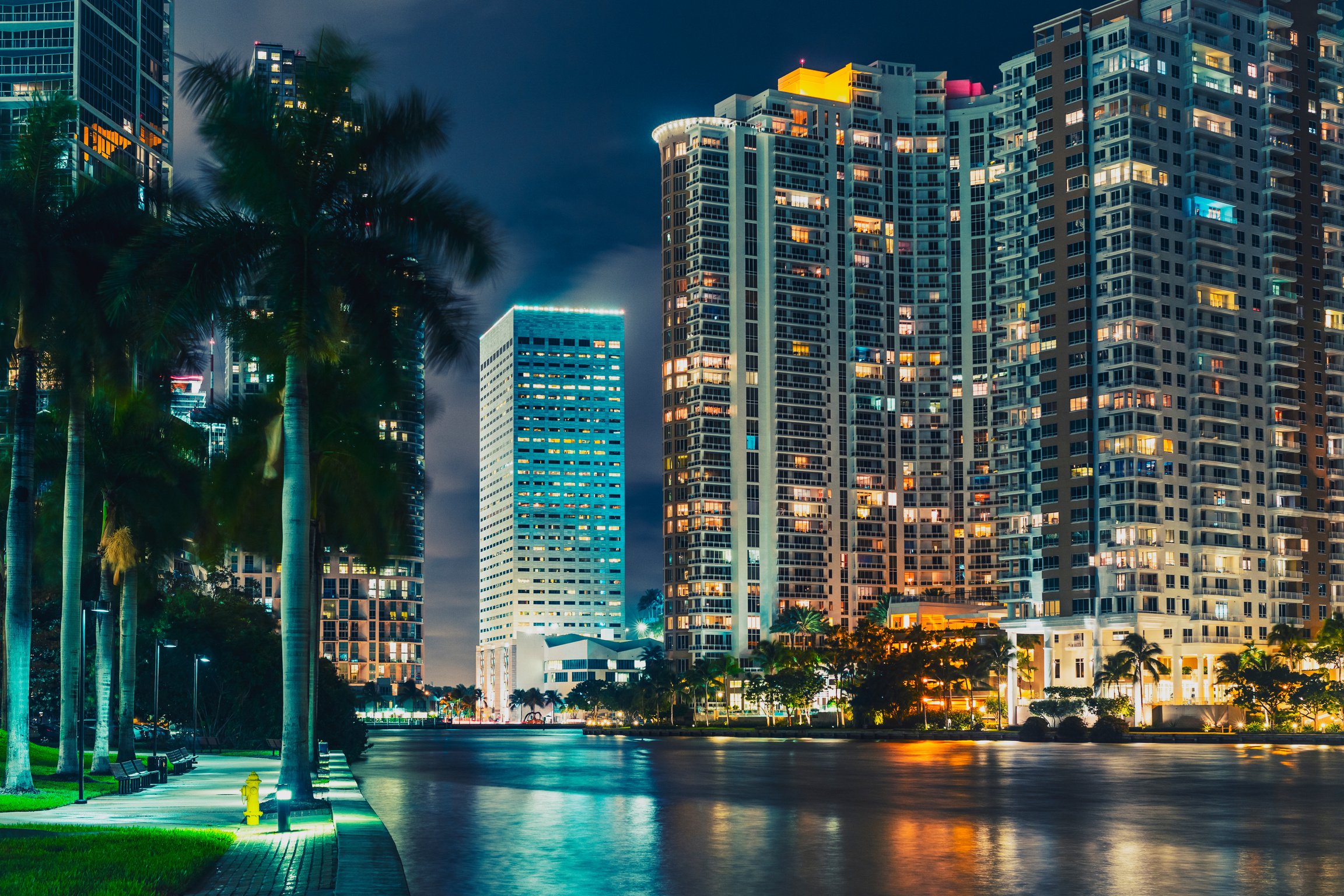 The Miami City Viewed from Miami River at Night